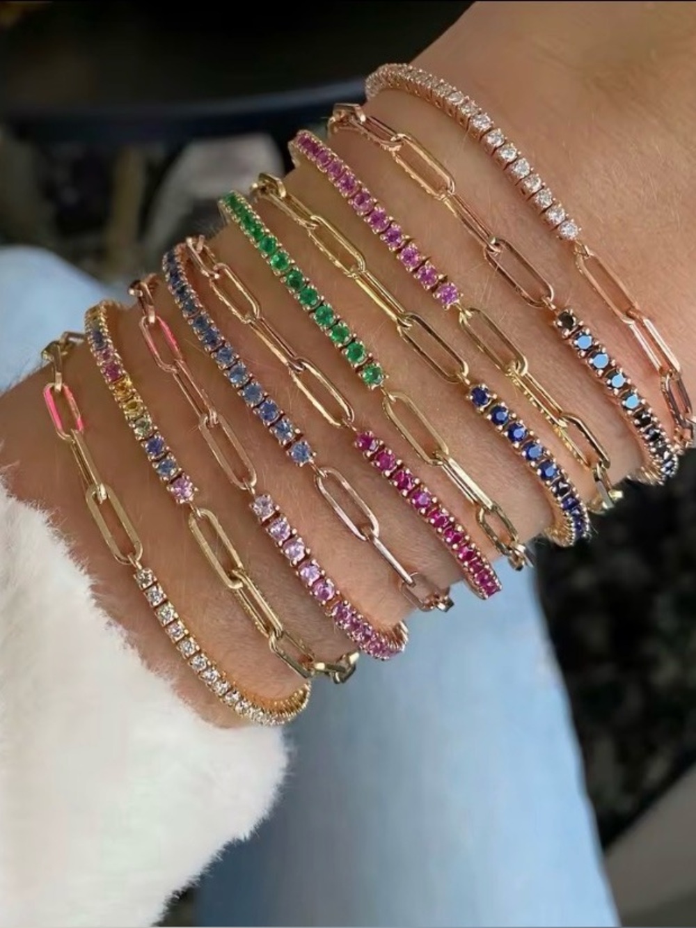 3CT Multicolor CZ & Paperclip Link chain Tennis bracelet 14K gold plated